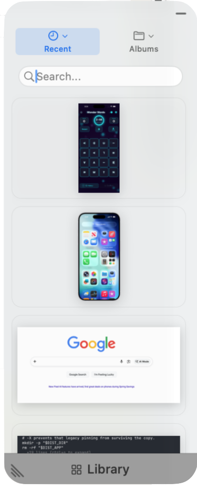 Floating Snappy shelf docked to the edge of the screen